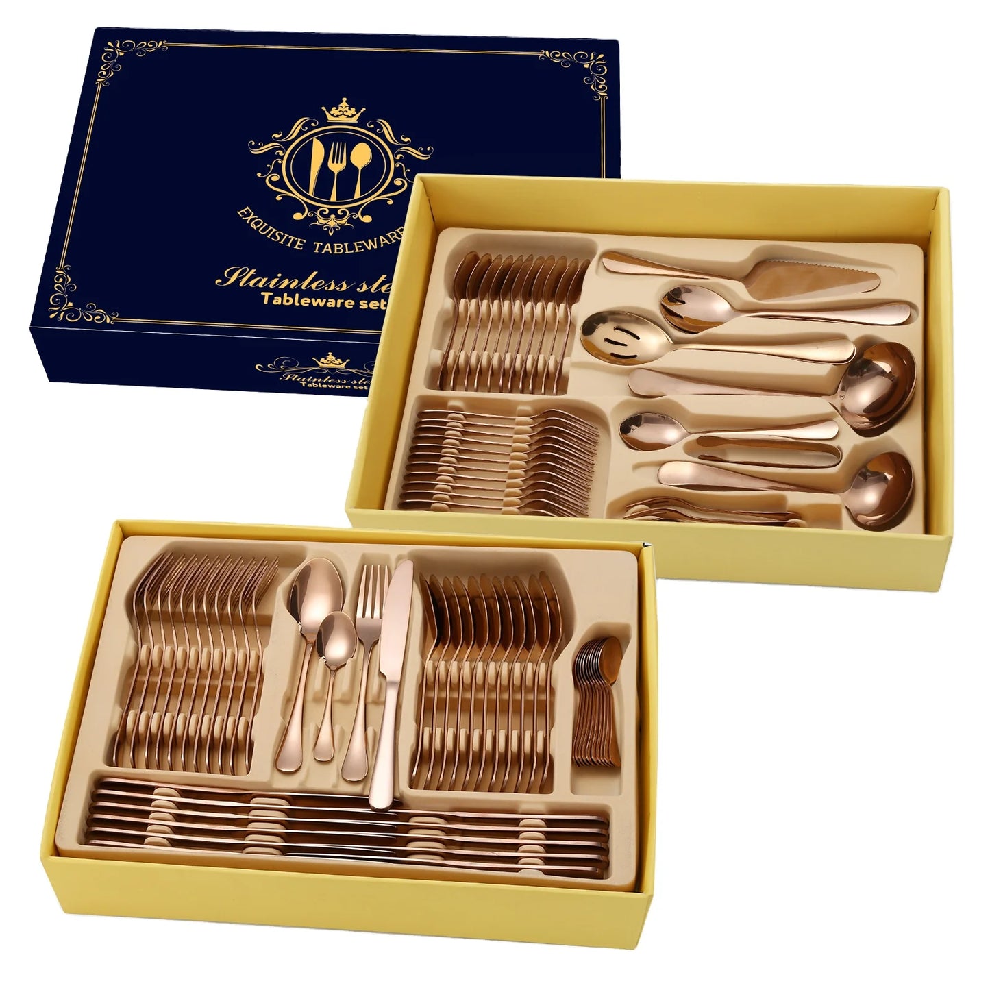 Luxury Customized Color 72pcs 84pcs Europe Style Gold Inlay Stainless Steel Cutlery Set Gift Box Mirror Polished Microwave