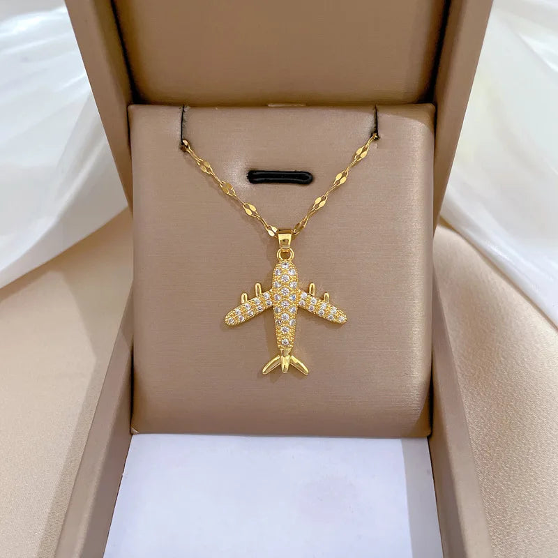 Light Luxury Titanium Steel Full Diamond Plane Pendant Necklace Choker for Women Titanium Steel Jewelry Charm