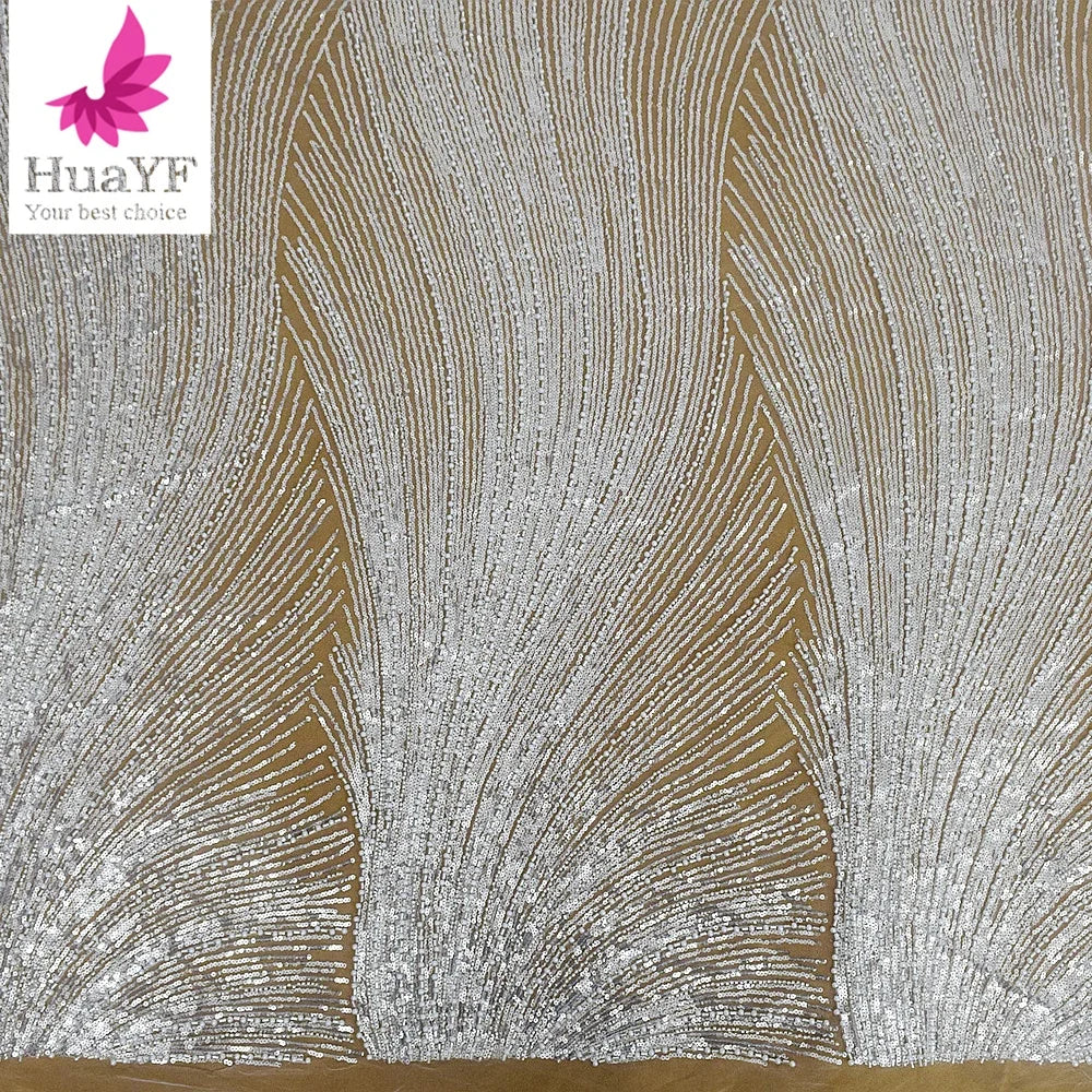 HY2808  White Beaded Tulle Bridal Lace With Sequins for Wedding Dress Fabric