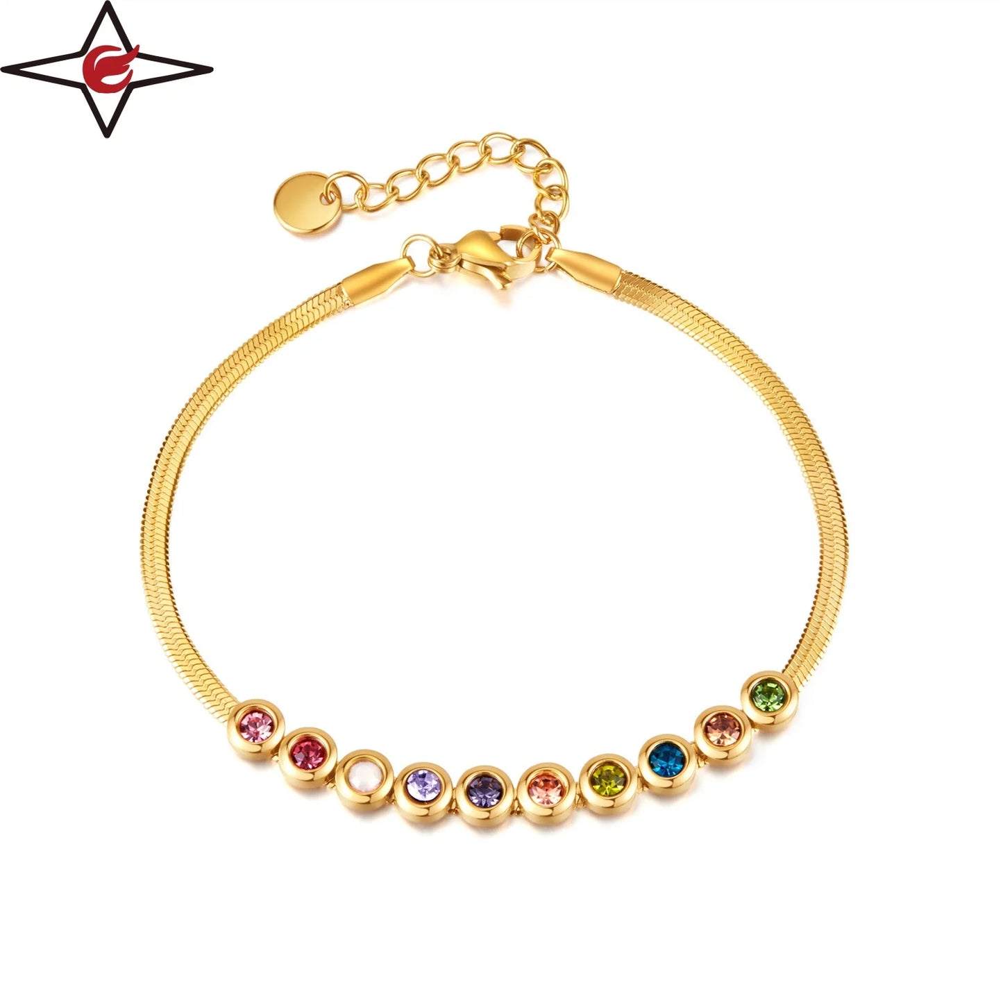 Custom Glass Stone Colorful Round Geometric Minimalist Link Tennis Bracelet 18K Gold Silver Snake Chain Bracelet for Charms