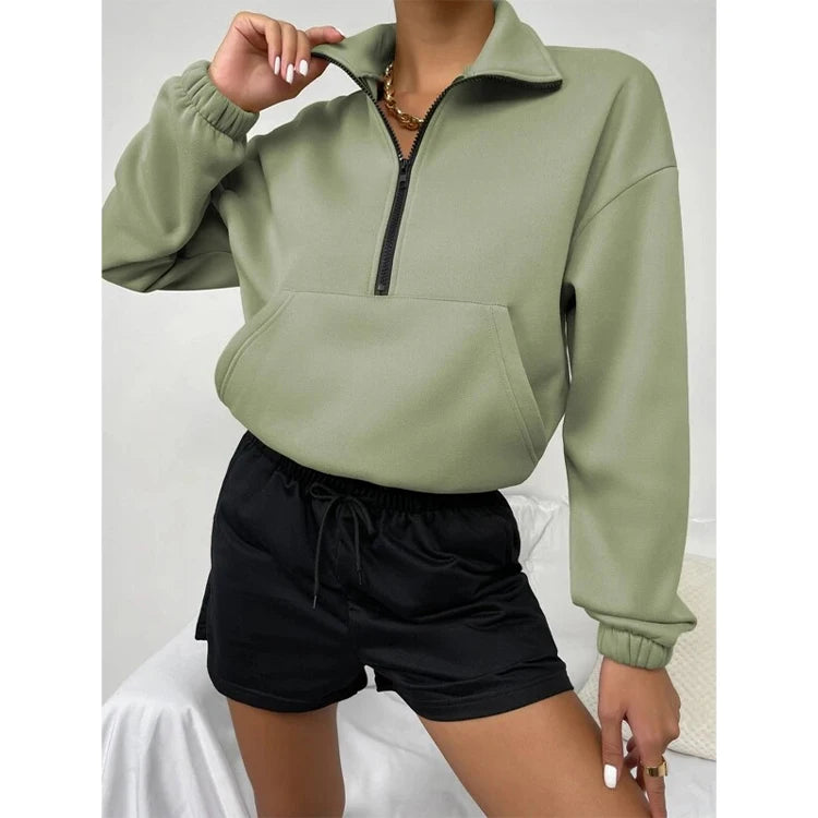 Custom Fleece Quarter Zip Pullover Hoodie Women Wholesale Organic Cotton Solid Half Zip Pullover Sweatshirt for Ladies