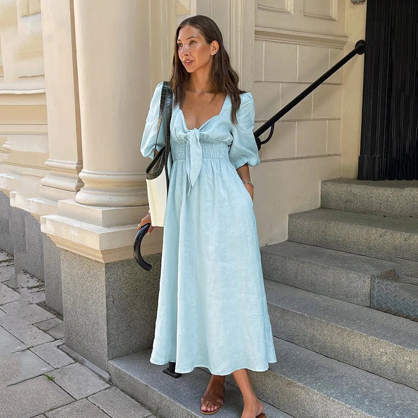 Women Elegant Long Dress V Neck Bubble Sleeves Dress