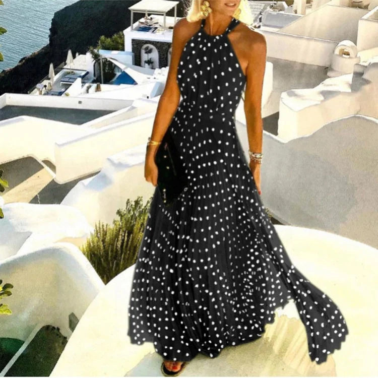 Women's Summer Hanging Neck Sleeveless Polka Dot Printed Pleated Long Skirt