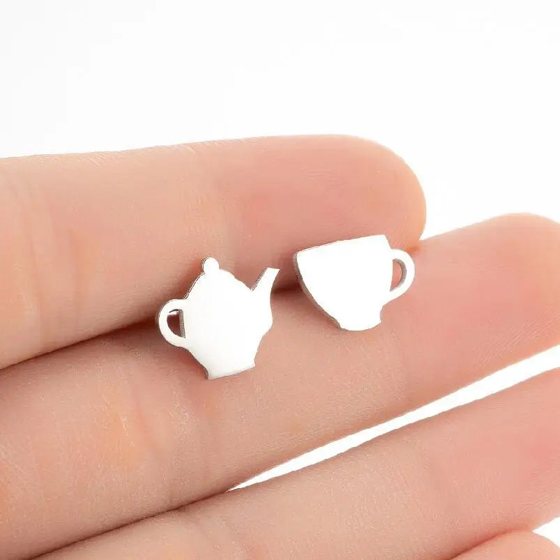 Korean Cute Stainless Steel Teapot Tea Cup Set Earrings Fashion Asymmetrical Mini Kettle Cup Stud Earrings for Women
