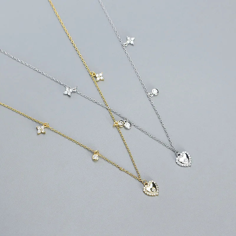 Fine Women Jewelry 925 Sterling Silver Cubic Zirconia Four Leaf Clover Heart Charm Necklace