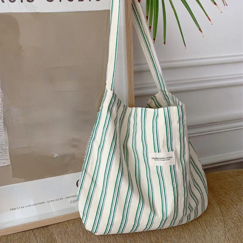 Casual Stripes Women's Shoulder Bag Large Capacity Female Thin Cotton Shopping Bags College Girls Travel Tote Book Handbags