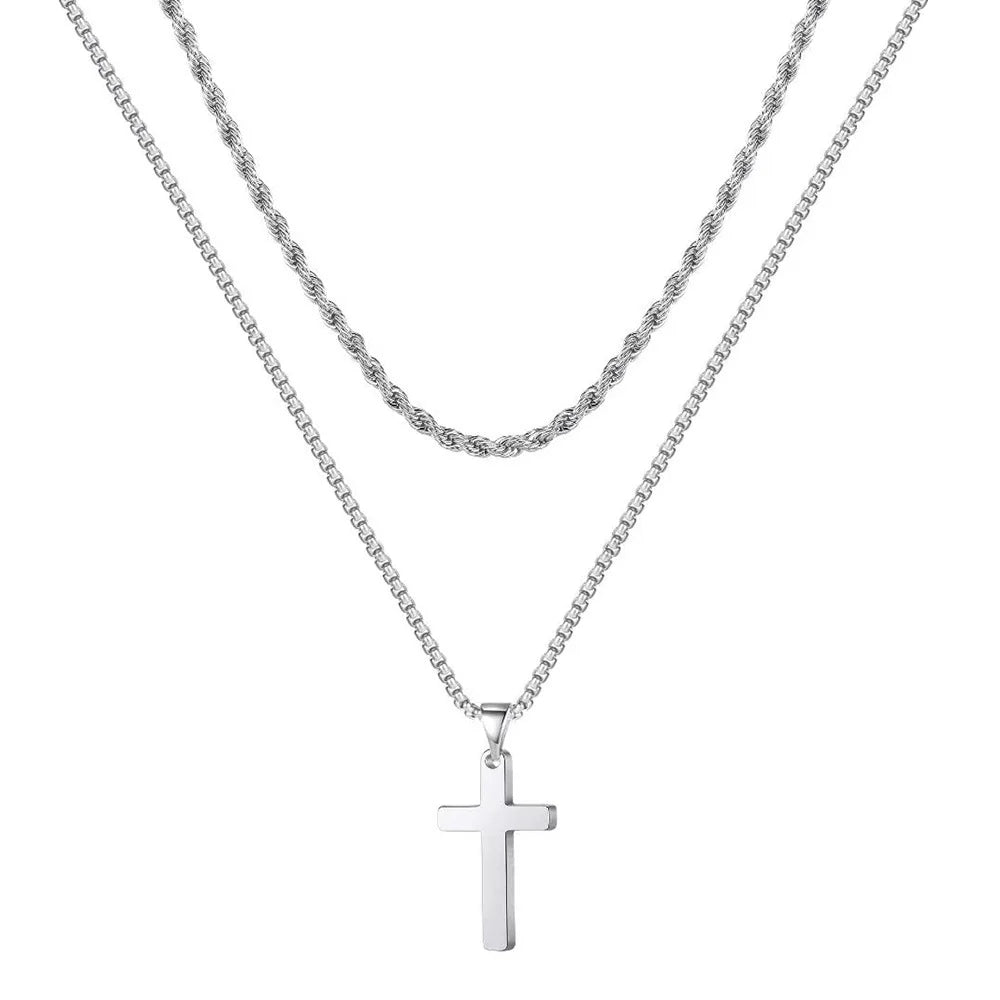 Fashion Jewelry Gold Plated Silver Black Stainless Steel Layered Rope Chain Cross Pendant Necklace for Men Boys Party 16-24 I