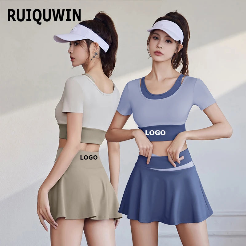 Custom LOGO Women Plus Size Workout Clothing Fitness Sports Wear 2 Piece T Shirt and Tennis Skirt Yoga Set