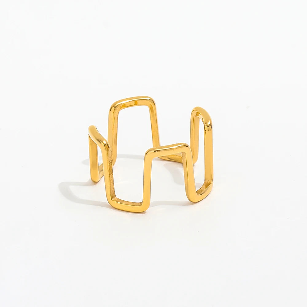 High End 18K Gold Plated Rectangle Gear Waved Lines Band Ring Stainless Steel Jewelry Trendy Finger Ring Tarnish Free