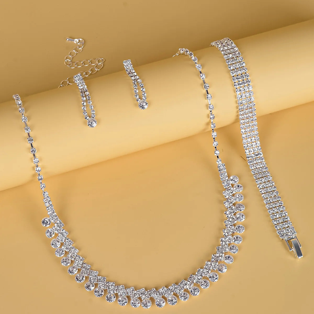Dubai Tennis Chains Crystal Necklace Bracelet Earring Jewelry Set for Women Dangle Earring Clavicle Wedding Engagement Jewelr