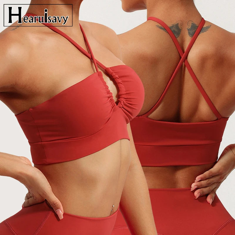 HEARUISAVY Spring Breathable Lightweight Naked Feeling Hollow Sports Bra Thin Straps Cross Back Fitness Underwear Sexy Padded