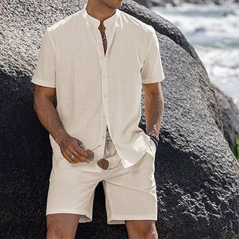 Hot Sale OEM Custom Tracksuits for Men Drop Shoulder Casual Band Collar Shirt and Shorts Beach Sets Men's 2 Piece