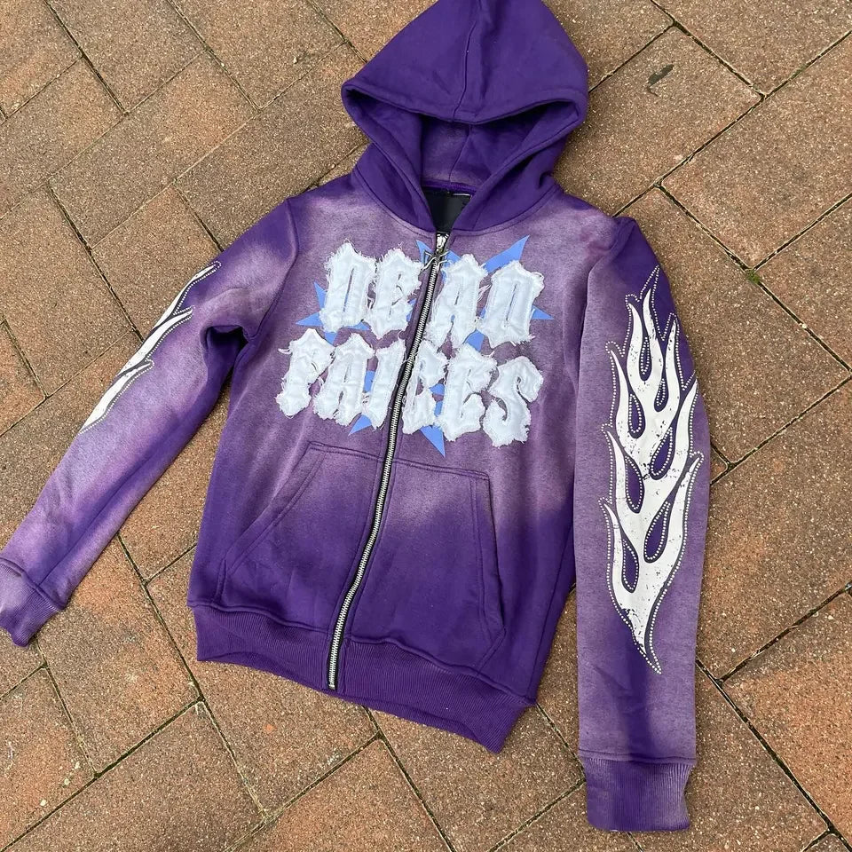 Factory Custom Manufacturers Cut and Sew Vintage Distressed Sun Faded Men Embroidery Patch  Zip up Acid Wash Hoodie