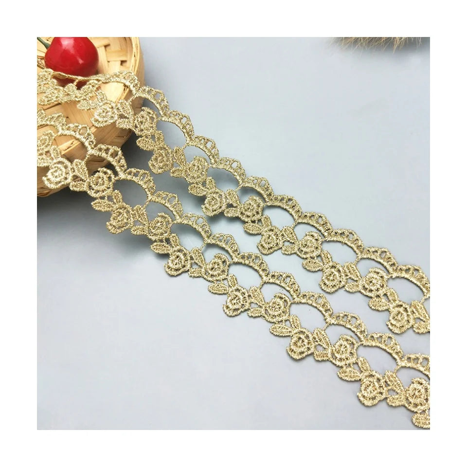 Luxury 2.5mm Metallic Yarn Golden Silver Rose Embroidery Lace Trim Hollowed Polyester Alas De Tela for Dresses JDB61