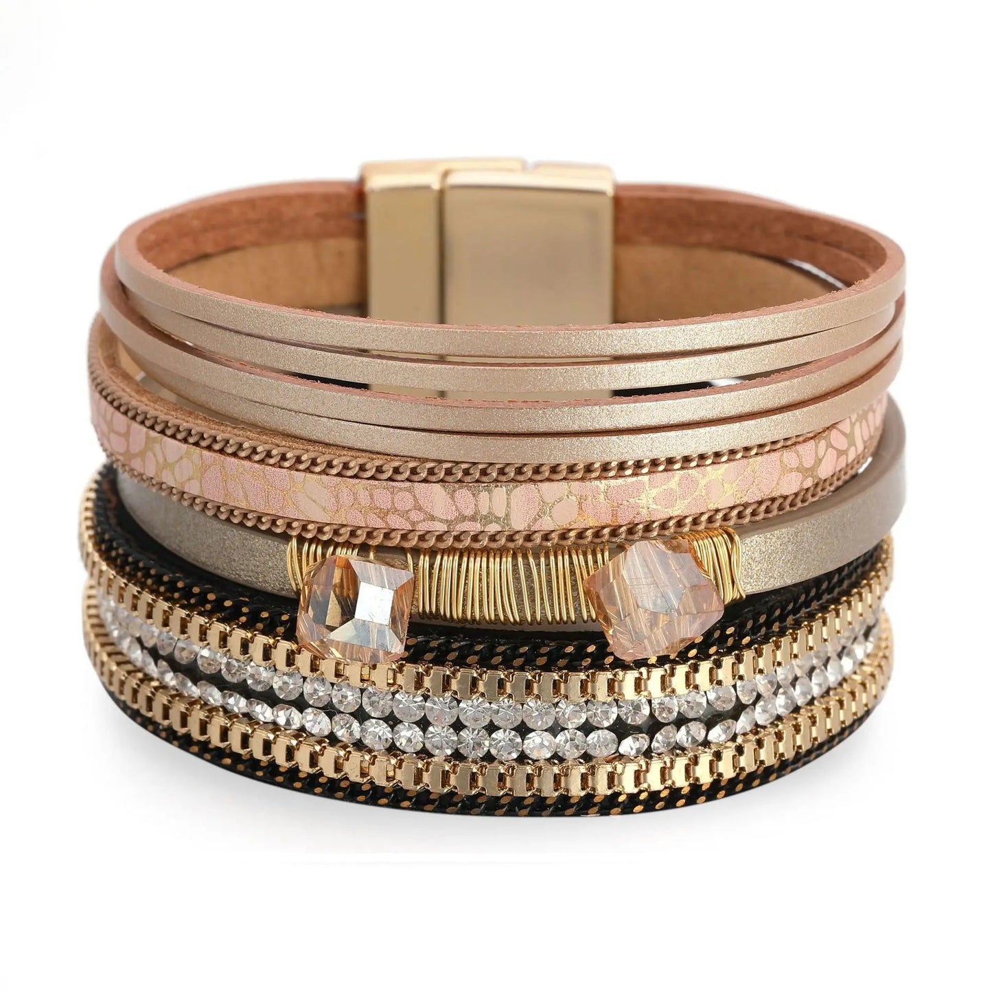 2025 Trendy Bohemian Style Bracelet Multi-layer Leather Diamond Embellishments Bracelet Magnetic Buckle Bracelet for Women