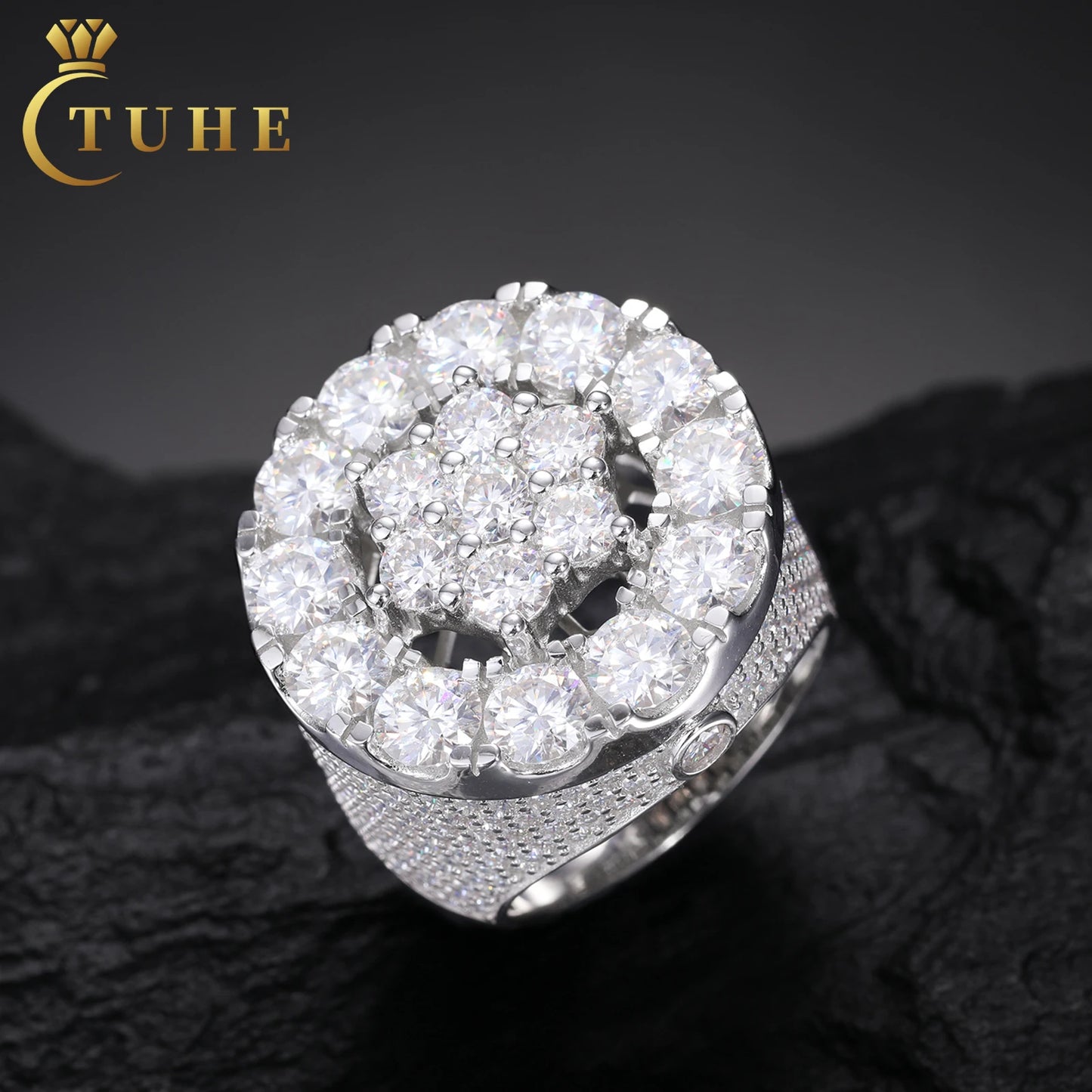 Wholesale Luxury Engagement Jewelry Gift 925 Sterling Silver 2 Layers VVS Moissanite Diamond Iced Out Halo Flower Wedding Rin