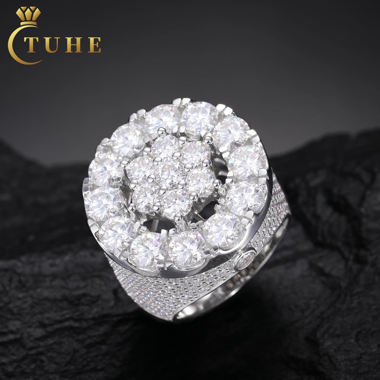 Wholesale Luxury Engagement Jewelry Gift 925 Sterling Silver 2 Layers VVS Moissanite Diamond Iced Out Halo Flower Wedding Rin