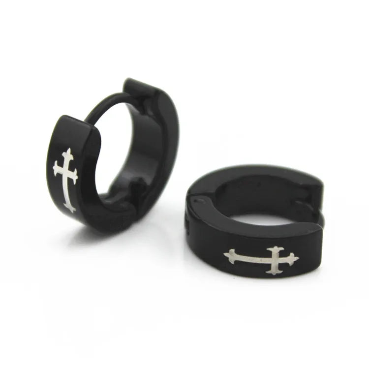 Hot Selling Men's Black Stainless Steel Earrings High Quality Laser Engravable Religious Cross Huggie Hoop Earrings for Boys