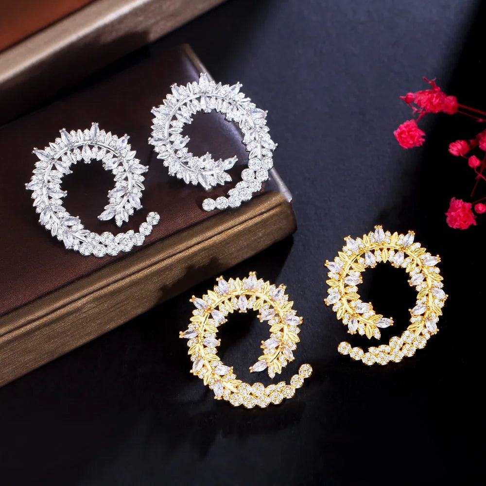Elegant Symmetrical Design Leaf Shape White Gold Plated Big Drop Dangle Cubic Zirconia CZ Engagement Bridal Earrings for Wome