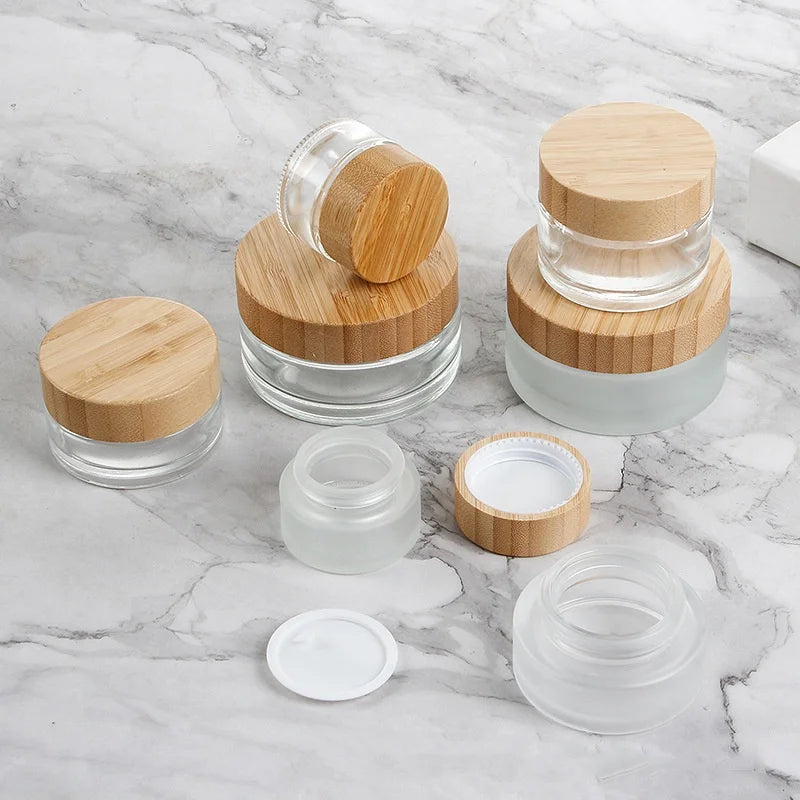 Wholesale Hot Sale Skin Care & Eye Cream Clear Frosted Cosmetic Glass Jars with Glass Lid and Custom Logo (5/15/30/50/100/200