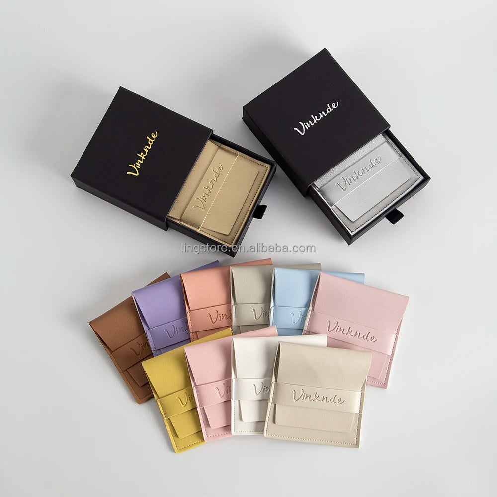 Black Jewelry Box Set with Embossed Logo Slider for Necklace and Earring Gold Leather Envelope Pouch Bag Drawer Paper Box