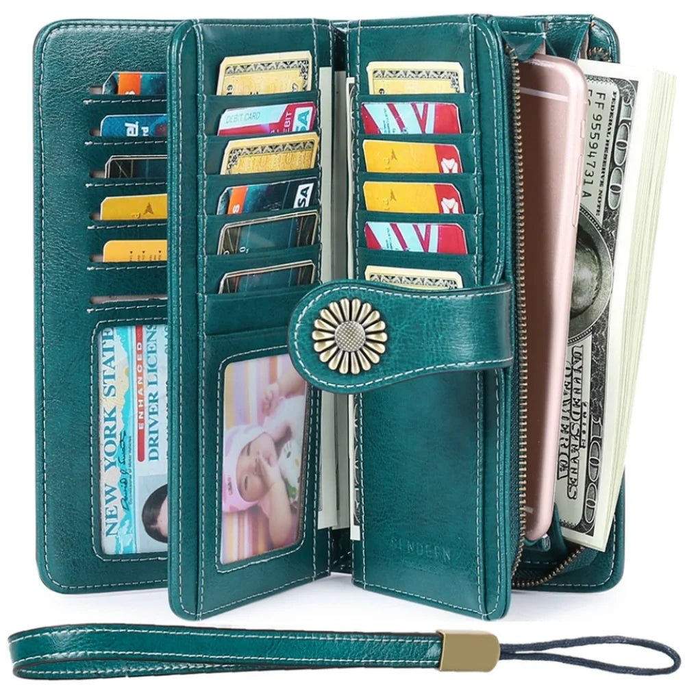Hot Sell Custom Logo RFID Block Full Grain Leather Gift Sun Flower Crazy Horse Man Genuine Leather Wallet Purse With ID Windo
