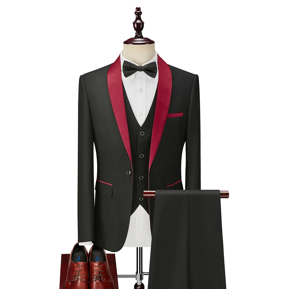 Men's Long Sleeve Dress Suit Set Business-Style Three-Pieces Pants Vests Bridegroom Blazer Plus Size Single Breasted Closure
