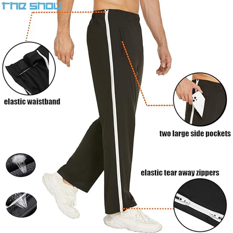 Men's Basketball Pants 2 Side Zippers Snap Full Open Sweatpants Post Surgery Pant Pockets Button Fly Closure Wrinkled Trouser