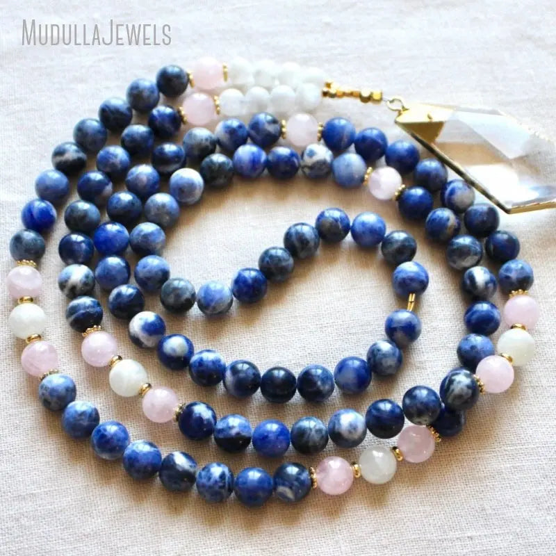MN44233 Sodalite Rose Quartz Healing Natural Gemstone Mala 108 Mala Moonstone Necklace Yoga Jewelry Meditation Beads Yoga Gif