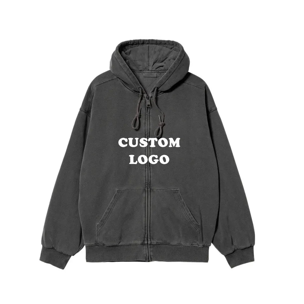 Custom Printing Logo Heavyweight Cotton Black  Unisex Men Distressed Vintage Zip up Acid Wash Hoodies for Men