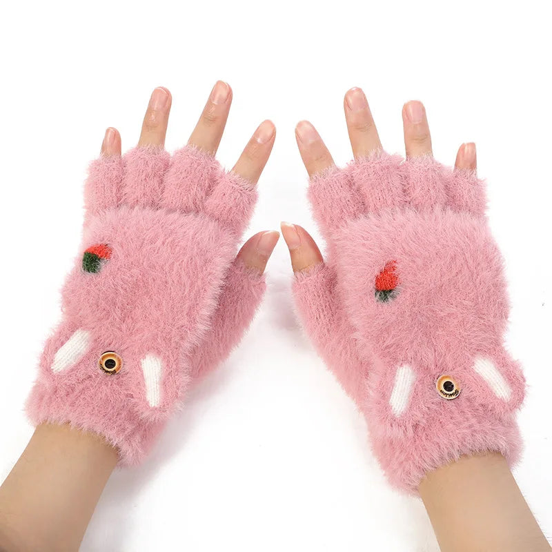 MIO Lovely Soft Fluffy Gloves Women Winter Thick Warm Elastic Cuff Gloves Flip Cartoon Cat Claw Pattern Plush Fingerless Glov