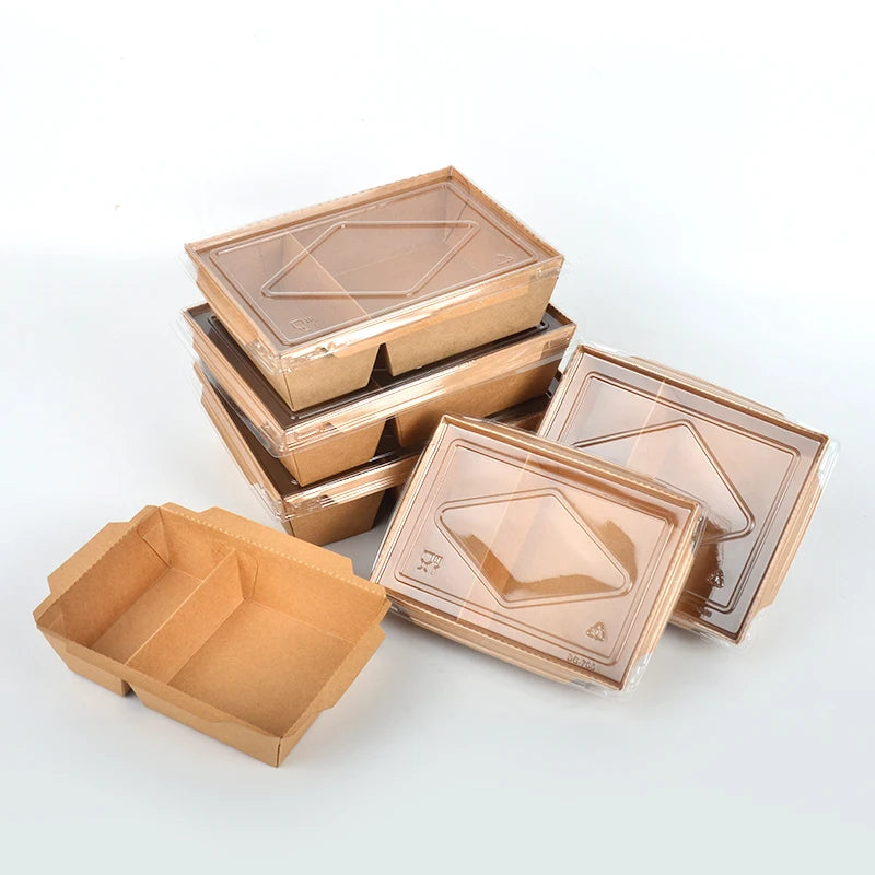 SenAng01 Customized Eco-friendly Disposable Takeaway Food Packing Lunch Box Clear PET Lid Pure Kraft Paper Sushi Noodle Jelly