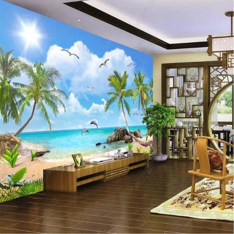 5d Wallpaper Mural Sea Beach Coconut Tree Sea Scenery 8d Living Room Bedroom Tv Background Film And Television Wallpaper