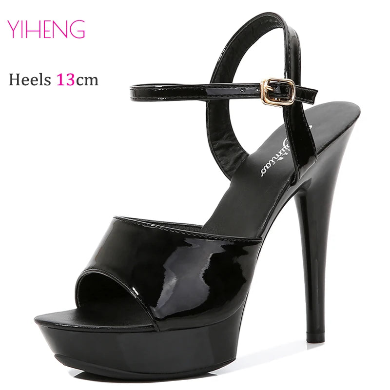 13cm Black Ankle Strap Pole Dance Sandals for Women Open Toe Summer Wedding Stiletto Gladiator Runway Shoes Lower Heels Strip