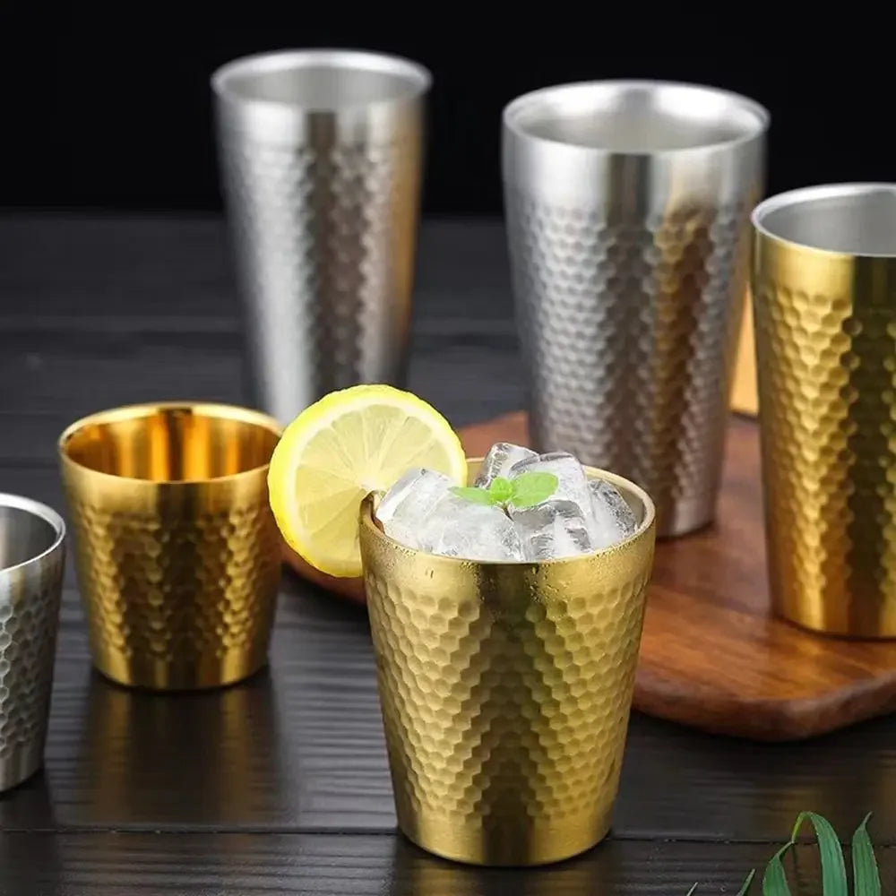 Double-Wall Beer Cups Stainless Steel Cold Water Drinks Cup Keep Cold Hammered Texture Anti-scalding Anti-fall Milk Coffee Mu