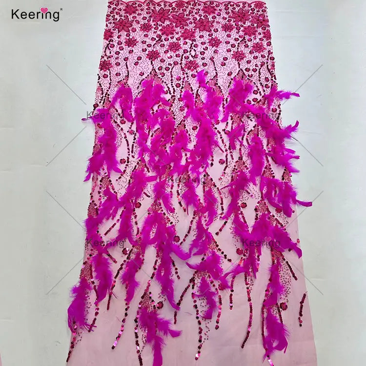 WFB-226 Keering New Arrival Glitter 3D Flower Women Wedding Evening Dress Embroidery Tulle Fabric With Feather