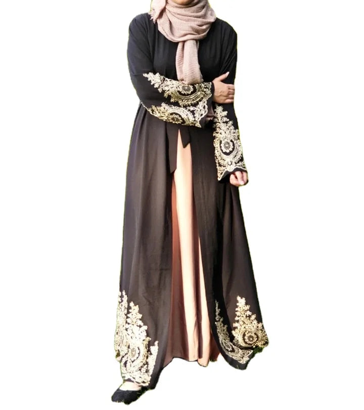 Black Color Soft Fabric Lace Pattern Decoration Long Open Style Front Open Abaya for Muslim