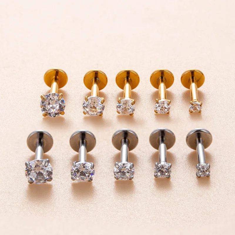 2-4MM Flat Bottom Push Pin 16GX6MM Insert Shank Thread Lip Ring Stainless Steel Four Claw Set Round Zirconia Piercing Jewelry