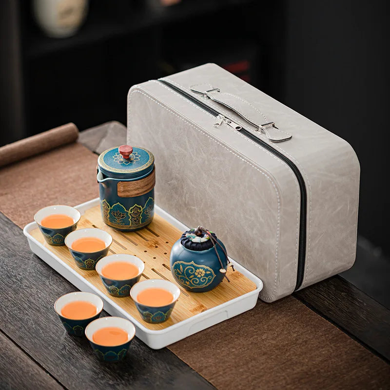 Portable All-In-One Outdoor Chinese Classic Design Porcelain Tea Set Includes Teapot Cup Tray Infuser with Travel Gift Bag