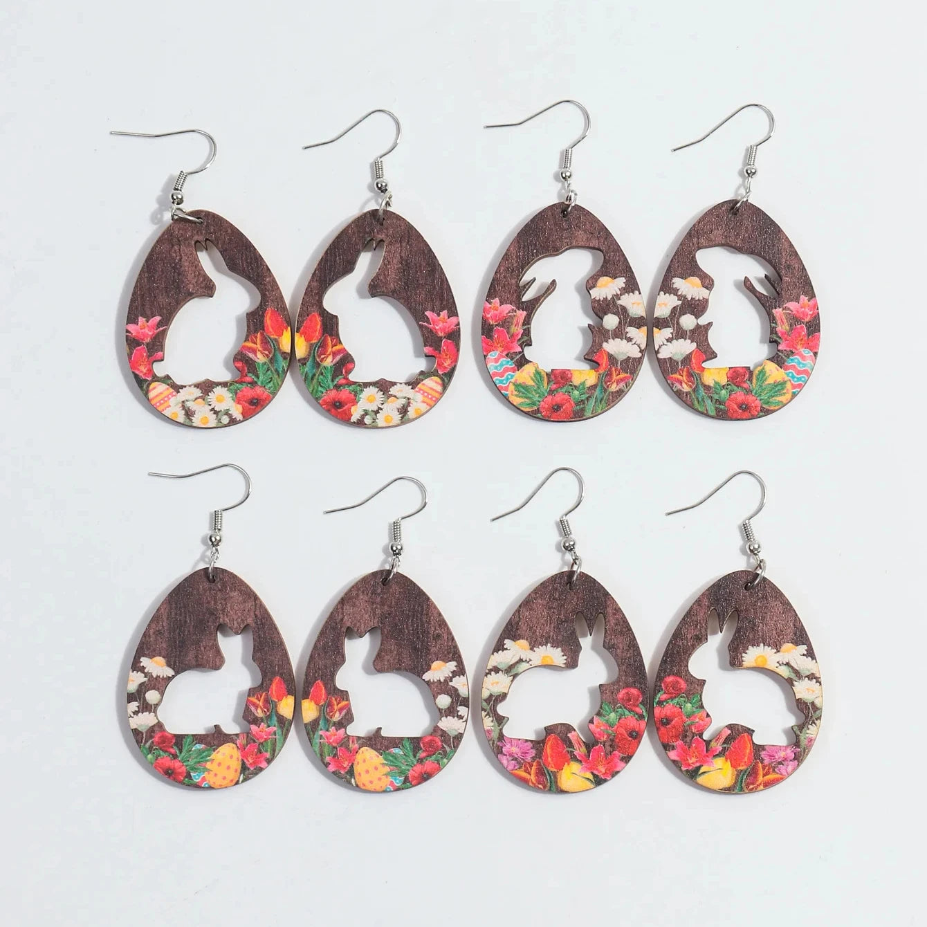 Geometric Lively Bunny Hollow Earrings Wooden Print Flower Easter Jewelry Egg Cute Rabbit Wood Drop Earrings for Women Girls