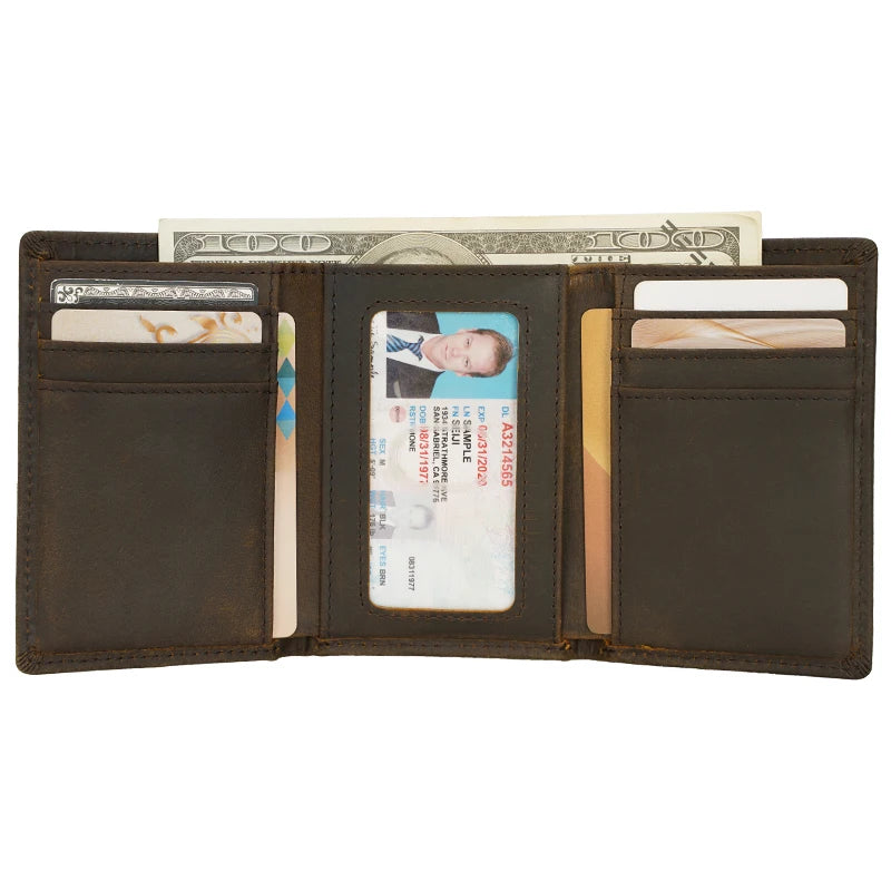Hot Selling Vintage Rfid Blocking Crazy Horse Leather Wallet for Men Genuine Full Grain Cow Leather Trifold Wallets