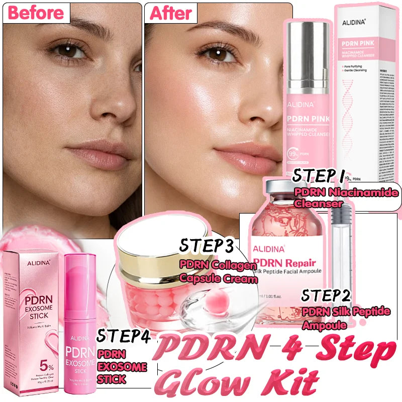 PDRN Korean Skincare Set 4-Pcs Beauty Routine for Glass Skin Include Silk Peptide SerumCapsule CreamFace WashMulti-Blam Stick