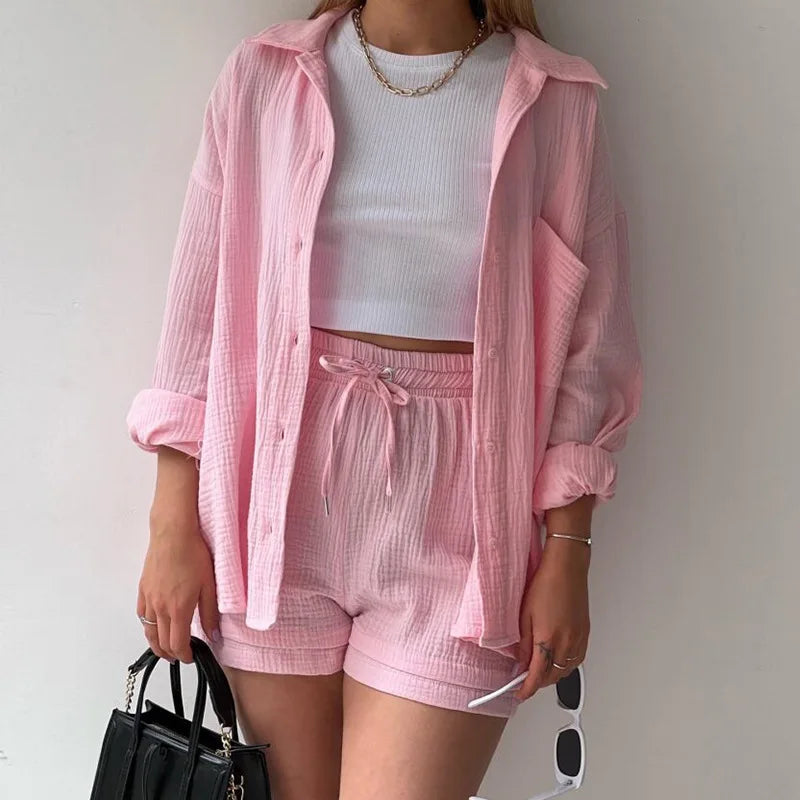 Spring Wrinkle Polo Long Sleeve Shirt High Waist Drawstring Shorts Large Fashion Casual  Shorts Set Women