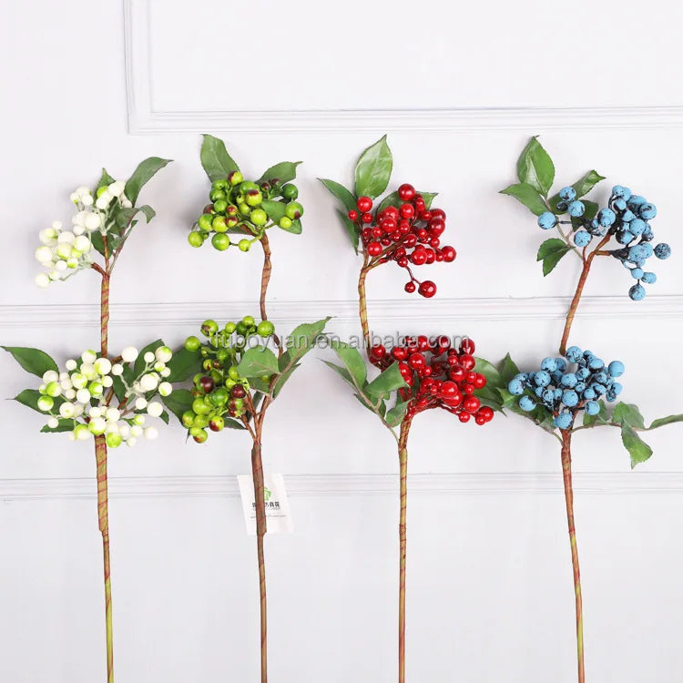 E143 Home Decor Berry Red Fruit Artificial Flower Foam Fruit Fake Blueberry 3 Branch Artificial Berry Flower