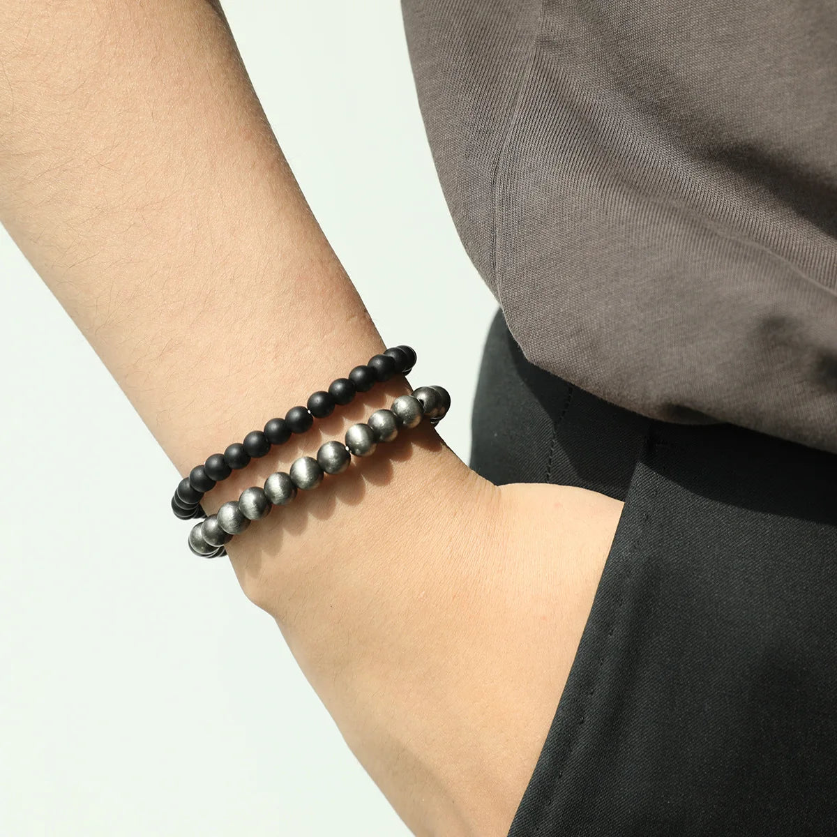 2025 Trendy Natural Stone Bracelet Handmade Bead Bracelet Set with 2 Black Wood Bead Bracelet for Women Men