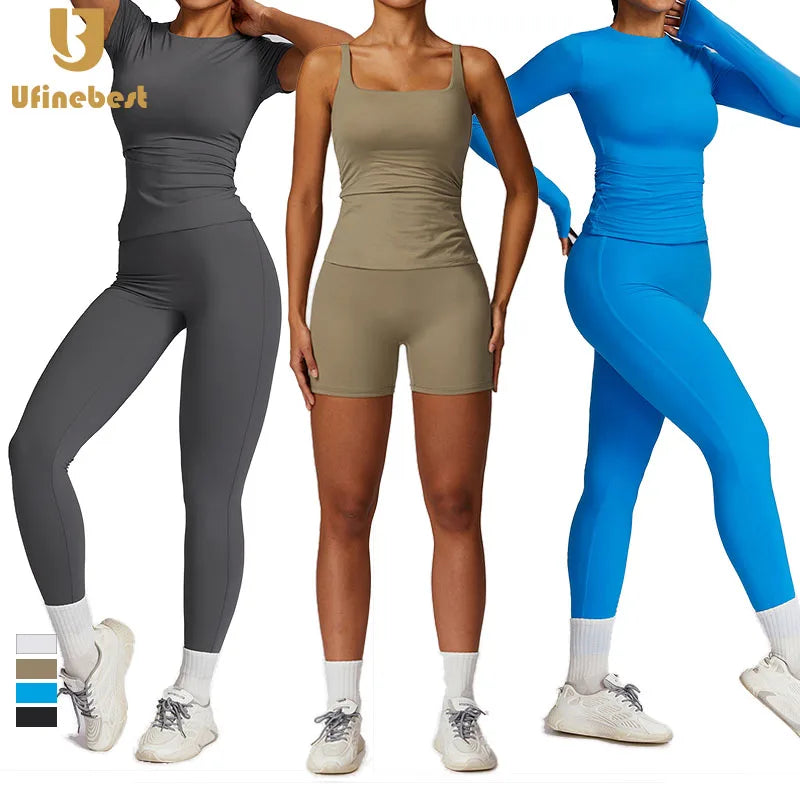 Custom Logo Breathable High Waist Workout Clothing Quick Dry Leggings Sport Shirts 5 Piece Suit Gym Fitness Sets Women Yoga S