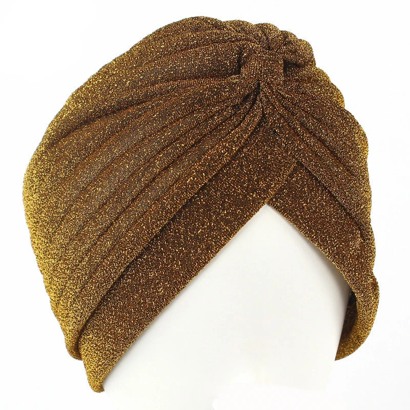 Custom Lady's Solid Color Yoga Hat Wholesale Muslim Head Scarf Wrap Turban Indian Style Turban Gold Lurex Hat