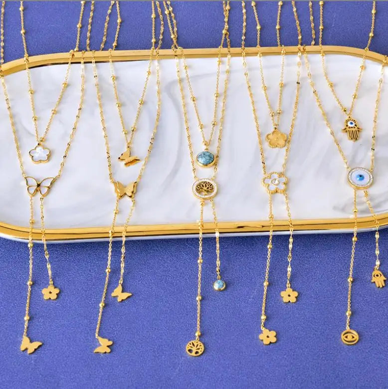 Double Layer Necklace Fashion Euro-American Style Eyes Palm Long Fringe Flower Sweater Chain for Women Fine Jewelry