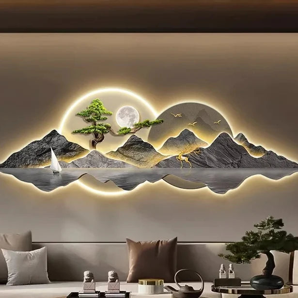 Luxury WabiSabi Decoration Painting Landscape Mural Sofa Background Wall Hanging Painting High-end Wall Lamp Luminous Decor