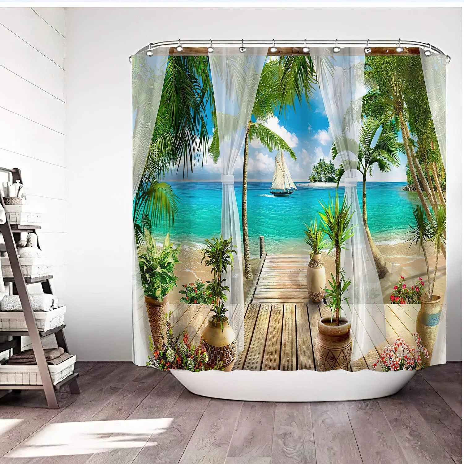 3D Printed Bath Curtain Forest Window Scenery Sea Ocean Theme Waterproof Polyester Bathroom Window Shower Curtains Fabric Hoo